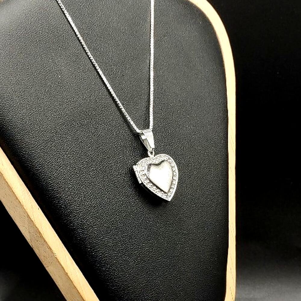 925 Silver Necklace w/ Heart Locket CZ Halo Women's Anniversary Valentines Gift